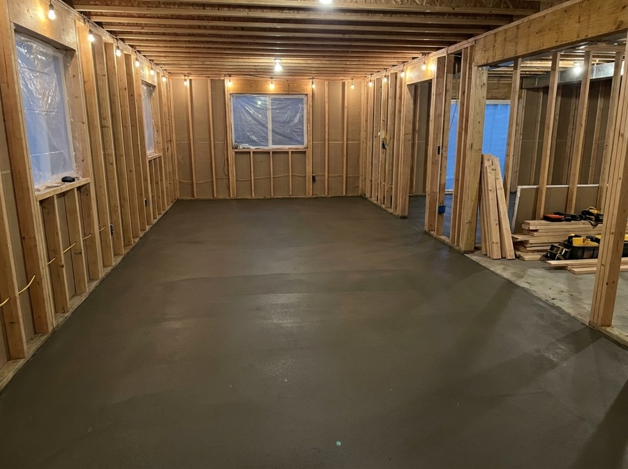 Freshly poured concrete basement floor in Winnipeg